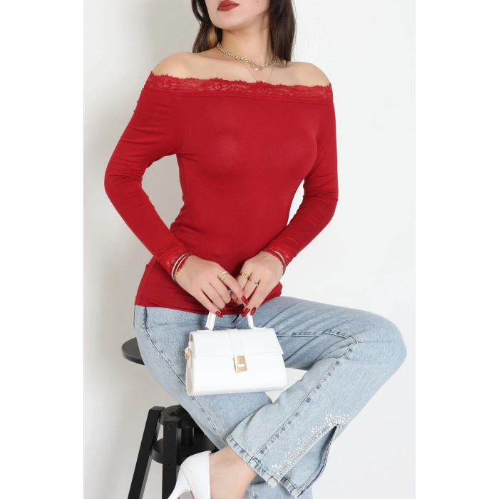 Dantel Detaylı Madonna Yaka Viskon Body Bordo - 5506.599.