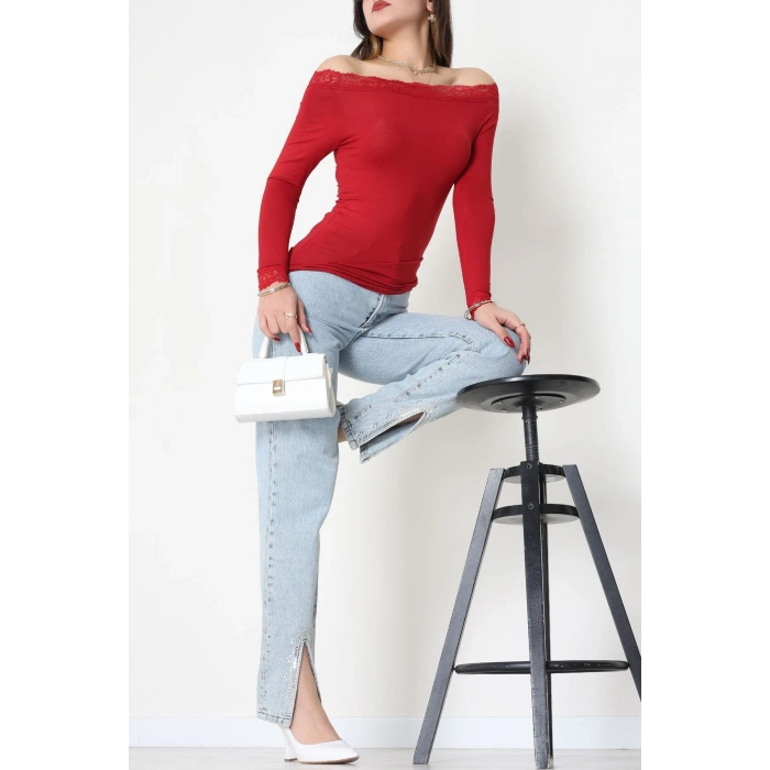 Dantel Detaylı Madonna Yaka Viskon Body Bordo - 5506.599.