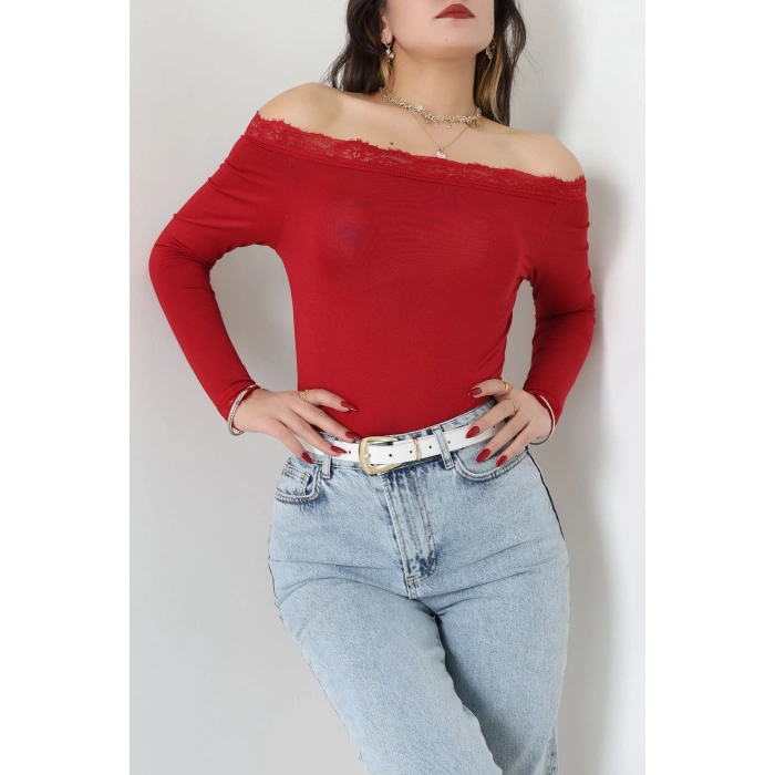 Dantel Detaylı Madonna Yaka Viskon Body Bordo - 5506.599.