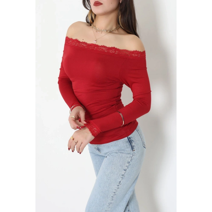 Dantel Detaylı Madonna Yaka Viskon Body Bordo - 5506.599.
