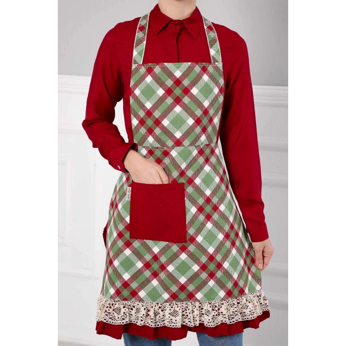 Dantel Detaylı Mutfak Önlüğü,MO-1 Ekose Desen - Koyu Bordo