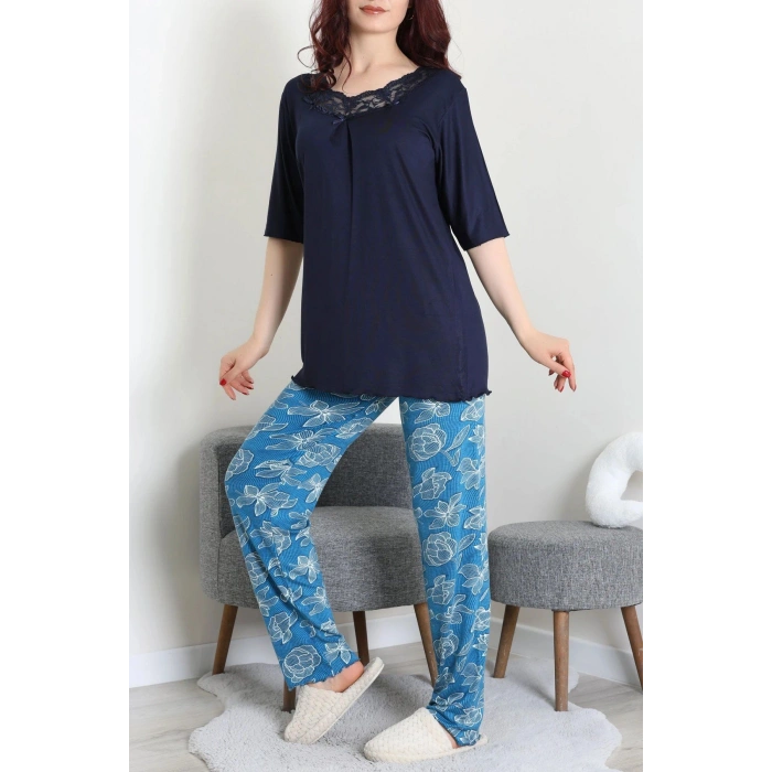 Dantelli Pijama Takımı Lacivert - 71502.1773.