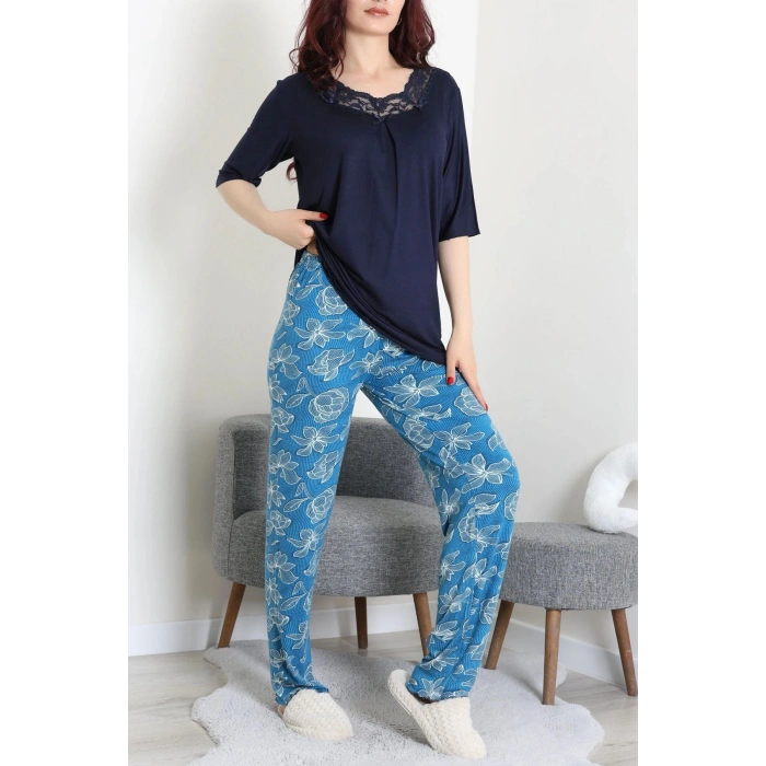 Dantelli Pijama Takımı Lacivert - 71502.1773.