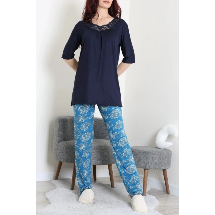 Dantelli Pijama Takımı Lacivert - 71502.1773.