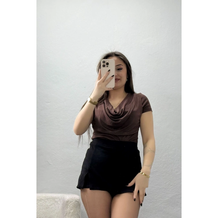 Degaje Yaka Penye Kumaş Bluz Kahve - 71422.1748.