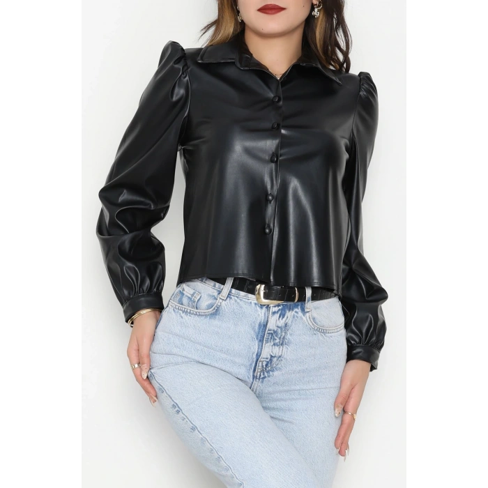 Deri Düğmeli Gömlek Siyah - 51076.Pu.
