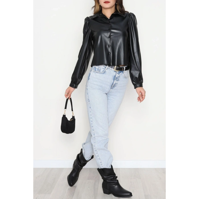 Deri Düğmeli Gömlek Siyah - 51076.Pu.