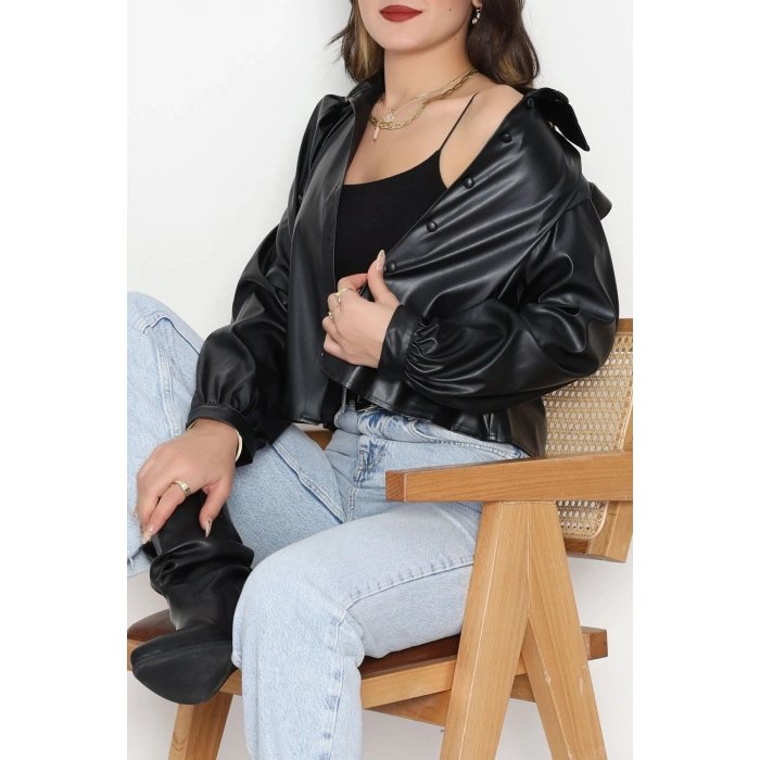 Deri Düğmeli Gömlek Siyah - 51076.Pu.