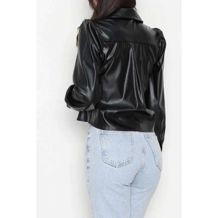 Deri Düğmeli Gömlek Siyah - 51076.Pu.