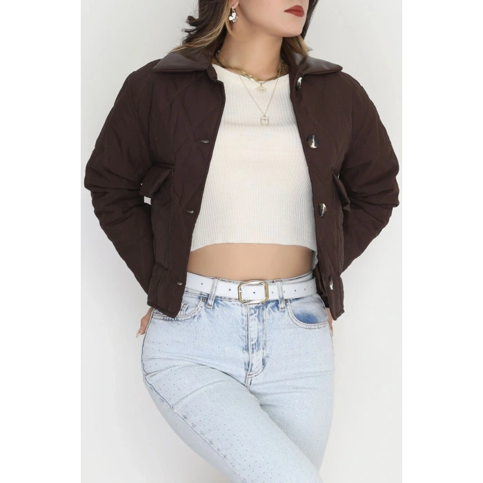 Deri Yaka Astarlı Kapitone Mont Acıkahve - 31632.439.