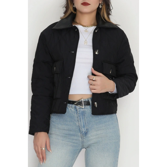 Deri Yaka Astarlı Kapitone Mont Siyah - 31632.439.