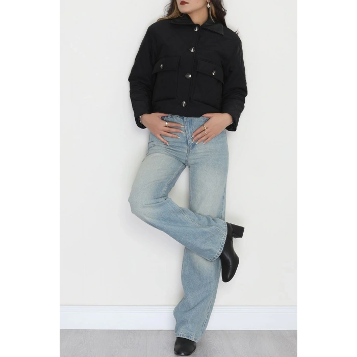 Deri Yaka Astarlı Kapitone Mont Siyah - 31632.439.