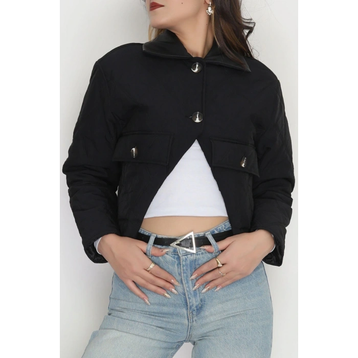 Deri Yaka Astarlı Kapitone Mont Siyah - 31632.439.