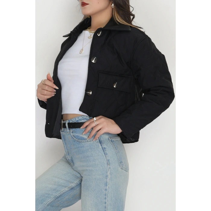 Deri Yaka Astarlı Kapitone Mont Siyah - 31632.439.