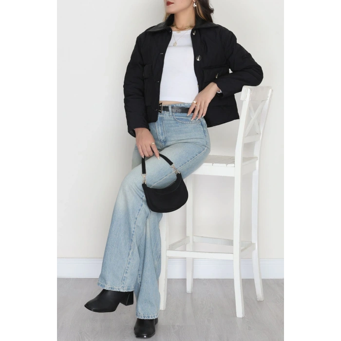 Deri Yaka Astarlı Kapitone Mont Siyah - 31632.439.