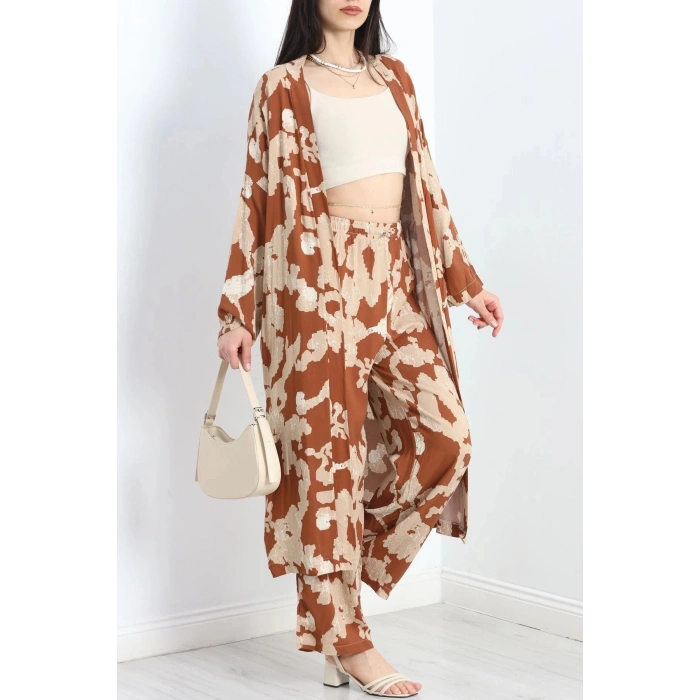 Desenli Kimono Takım Bejkahve - 19767.1247.