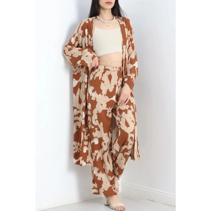 Desenli Kimono Takım Bejkahve - 19767.1247.