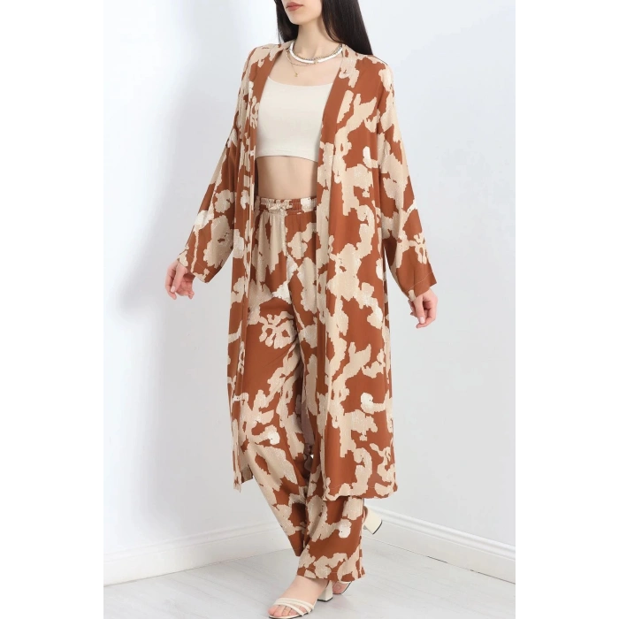 Desenli Kimono Takım Bejkahve - 19767.1247.