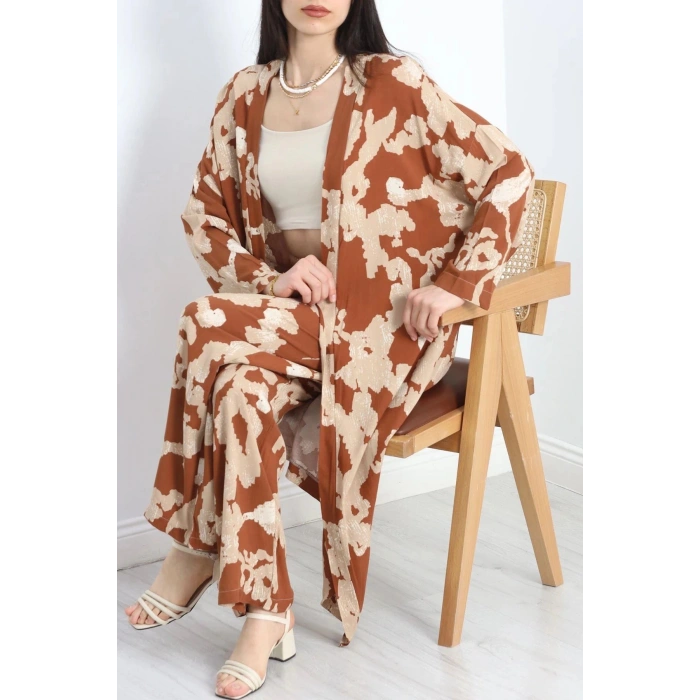 Desenli Kimono Takım Bejkahve - 19767.1247.