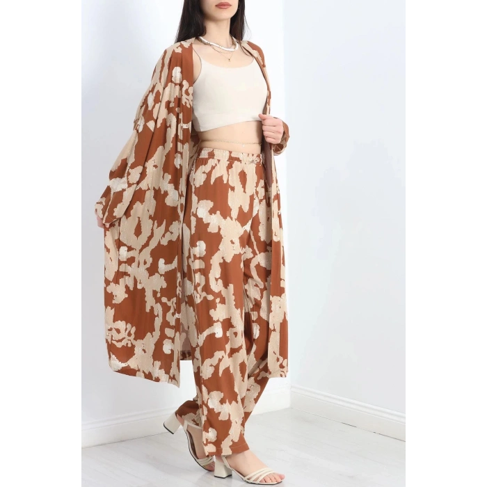 Desenli Kimono Takım Bejkahve - 19767.1247.