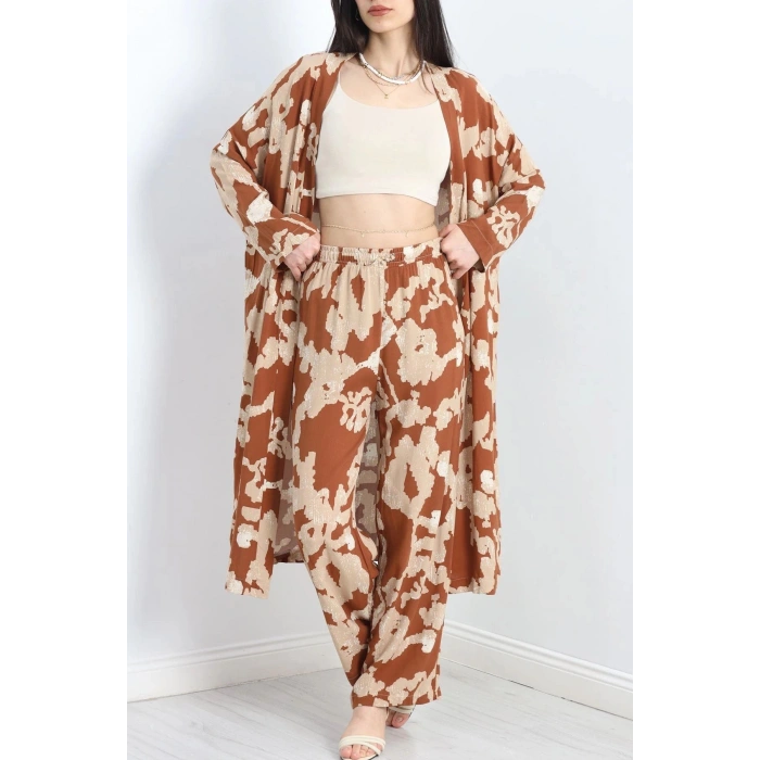 Desenli Kimono Takım Bejkahve - 19767.1247.
