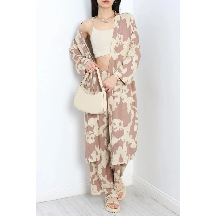 Desenli Kimono Takım Kahvebej - 19767.1247.