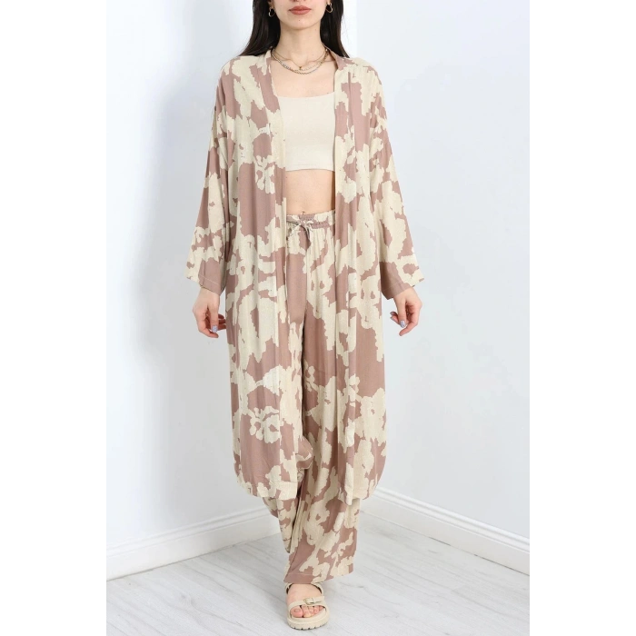 Desenli Kimono Takım Kahvebej - 19767.1247.