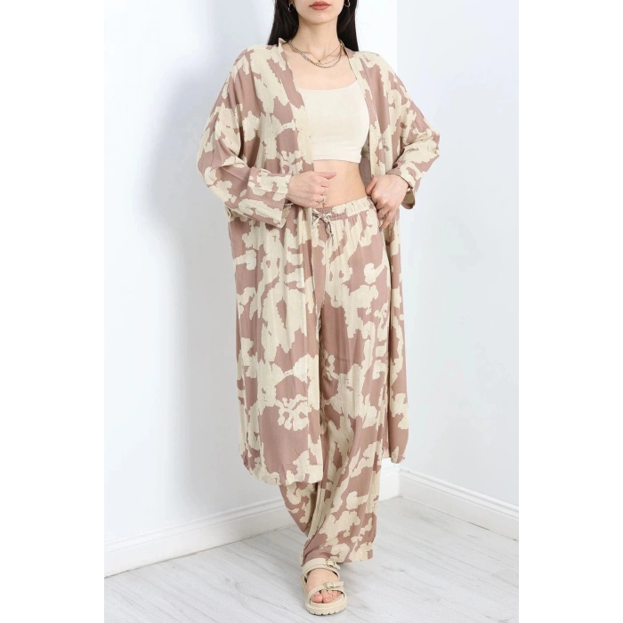 Desenli Kimono Takım Kahvebej - 19767.1247.