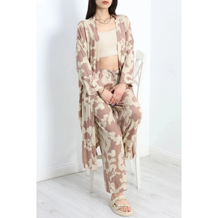 Desenli Kimono Takım Kahvebej - 19767.1247.