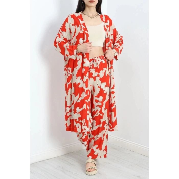 Desenli Kimono Takım Kırmızıbej - 19767.1247.
