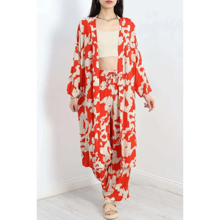 Desenli Kimono Takım Kırmızıbej - 19767.1247.