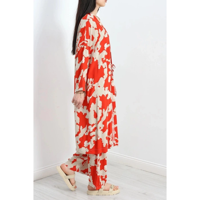 Desenli Kimono Takım Kırmızıbej - 19767.1247.