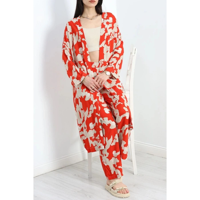 Desenli Kimono Takım Kırmızıbej - 19767.1247.