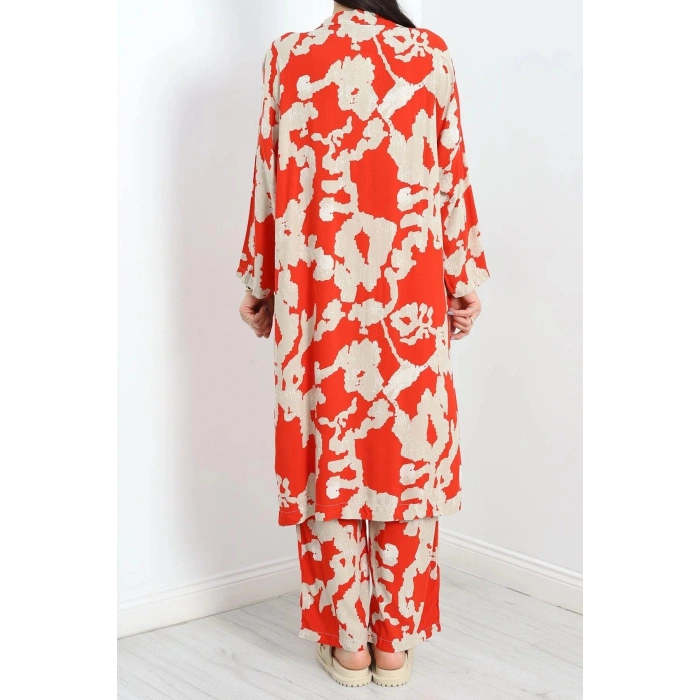 Desenli Kimono Takım Kırmızıbej - 19767.1247.