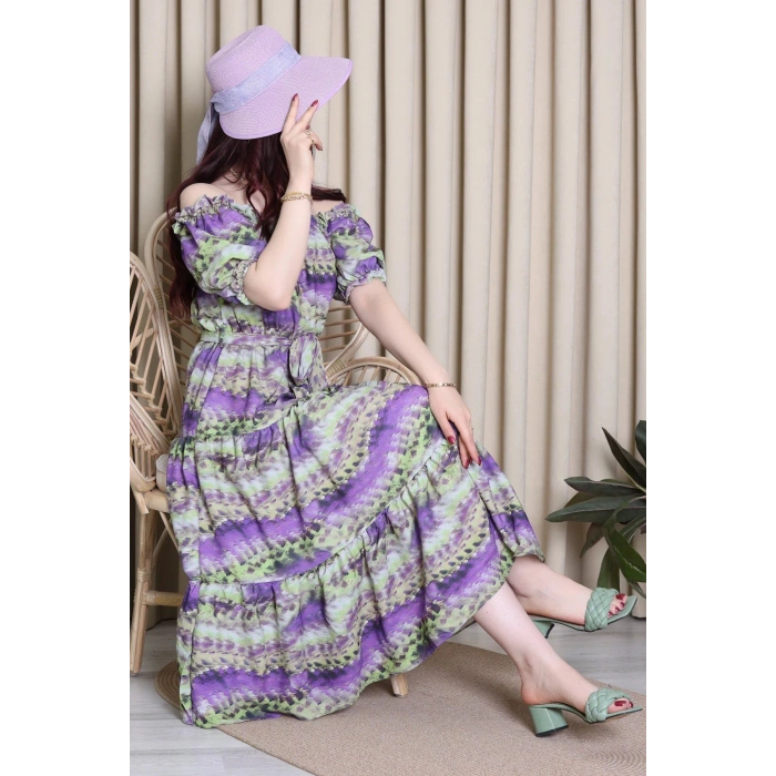 Desenli Madonna Yaka Elbise Mor - 6123.483.