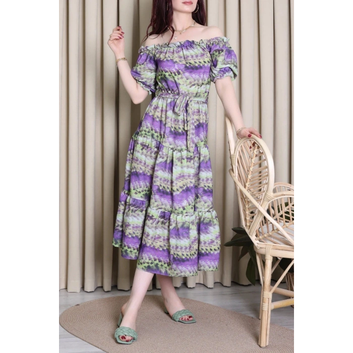 Desenli Madonna Yaka Elbise Mor - 6123.483.