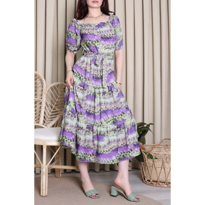Desenli Madonna Yaka Elbise Mor - 6123.483.
