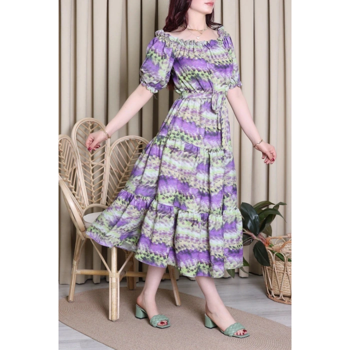 Desenli Madonna Yaka Elbise Mor - 6123.483.