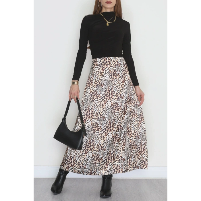 Desenli Yırtmaçlı Saten Etek Leopar - 4315.1595.