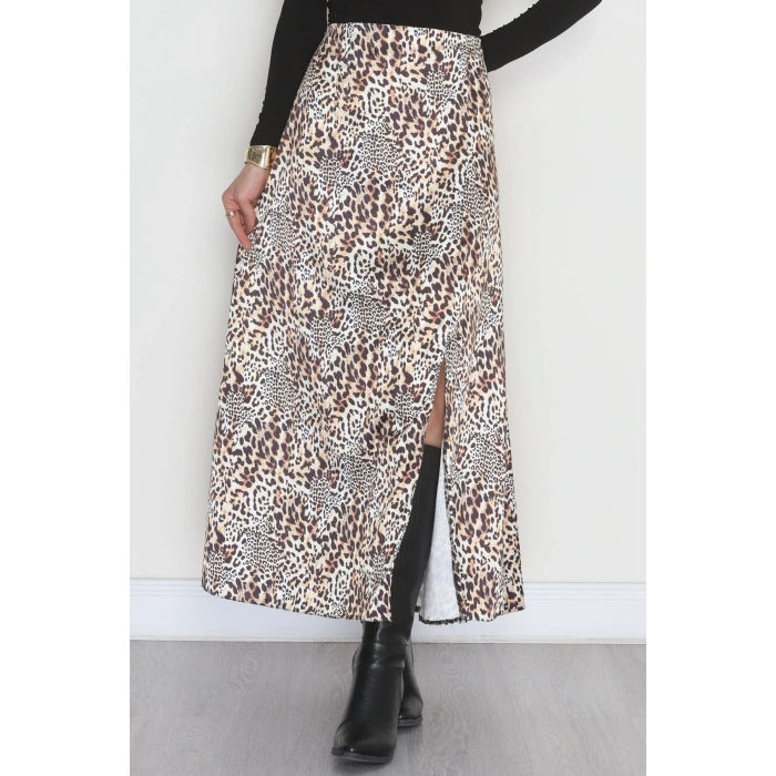 Desenli Yırtmaçlı Saten Etek Leopar - 4315.1595.