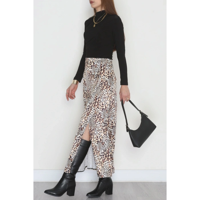 Desenli Yırtmaçlı Saten Etek Leopar - 4315.1595.
