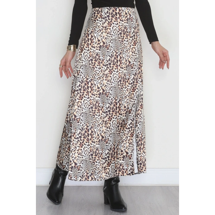 Desenli Yırtmaçlı Saten Etek Leopar - 4315.1595.