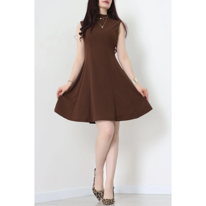 Dik Yaka İthal Krep 11 Parça Mini Elbise Acıkahve - 70816.1592.