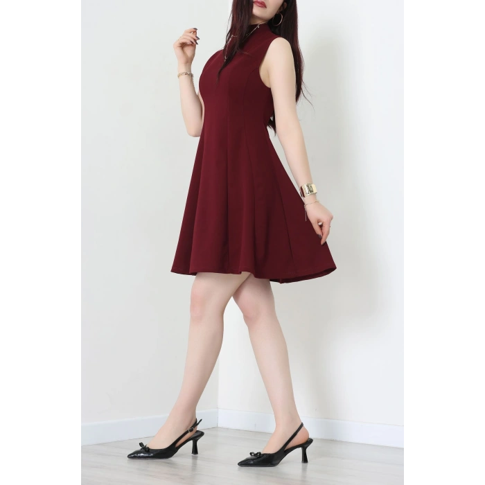 Dik Yaka İthal Krep 11 Parça Mini Elbise Bordo - 70816.1592.