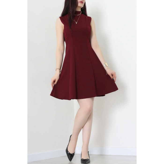 Dik Yaka İthal Krep 11 Parça Mini Elbise Bordo - 70816.1592.