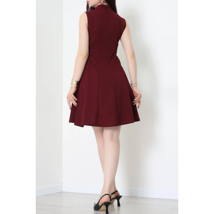 Dik Yaka İthal Krep 11 Parça Mini Elbise Bordo - 70816.1592.