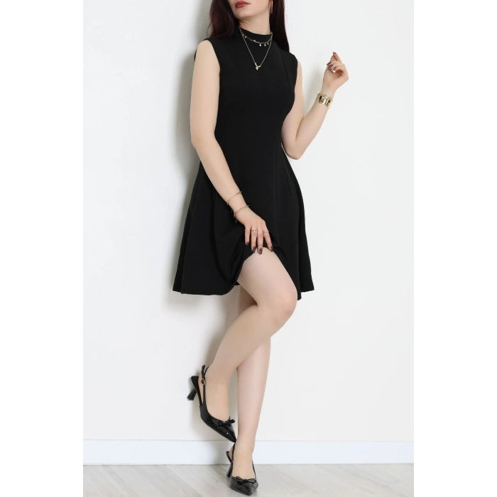 Dik Yaka İthal Krep 11 Parça Mini Elbise Siyah - 70816.1592.