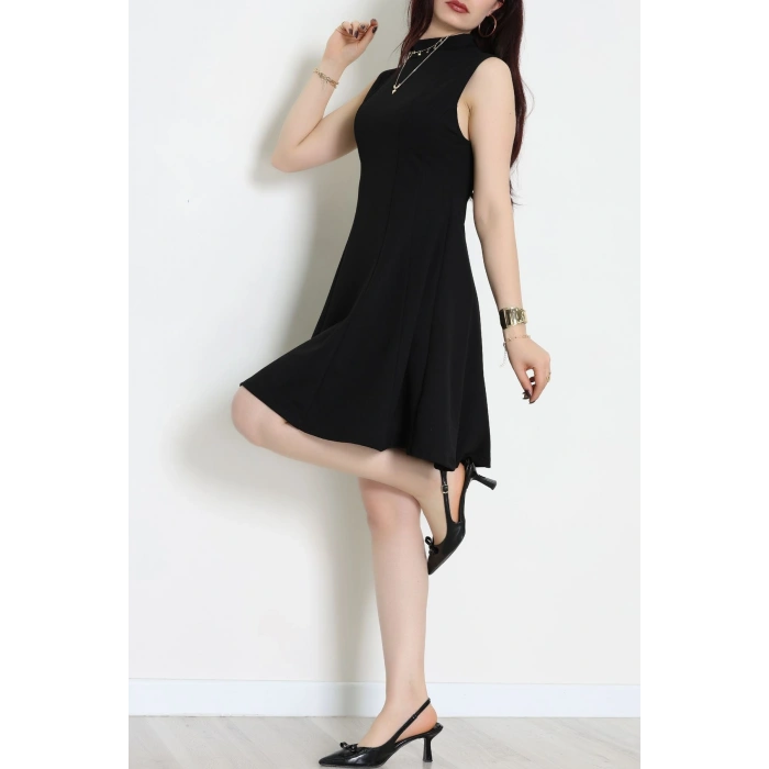 Dik Yaka İthal Krep 11 Parça Mini Elbise Siyah - 70816.1592.