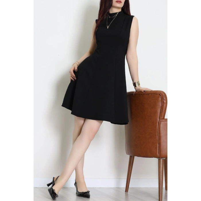 Dik Yaka İthal Krep 11 Parça Mini Elbise Siyah - 70816.1592.