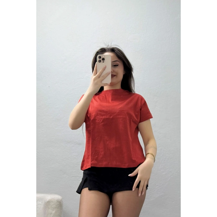 Dik Yaka Kısa Kol Pamuklu Kısa Tişört Kiremit - 19588.200.